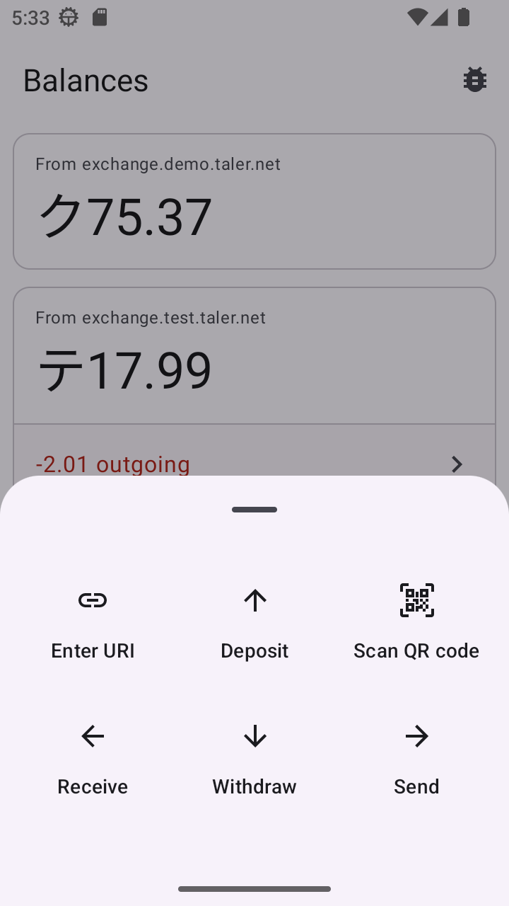Das Hauptmenü der Taler Wallet-App