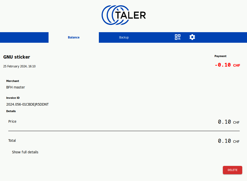 Wallet-App, die einen Kaufbeleg anzeigt