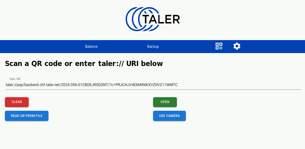 Wallet-App, die ein Taler://-URI anfordert