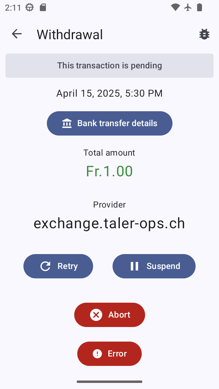 Wallet-App zeigt Anweisungen für eine Überweisung