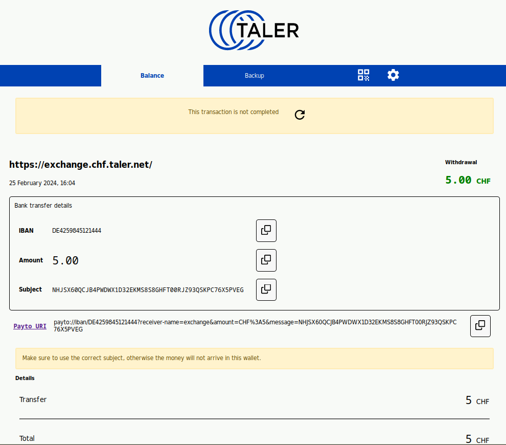 Wallet-App zeigt Anweisungen für eine Überweisung