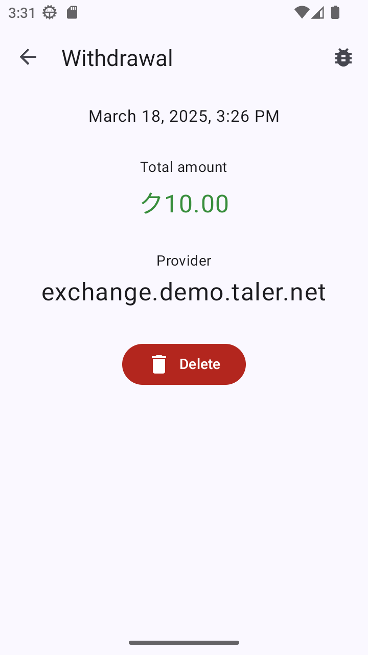 Die Wallet-App zeigt den Abhebestatus an