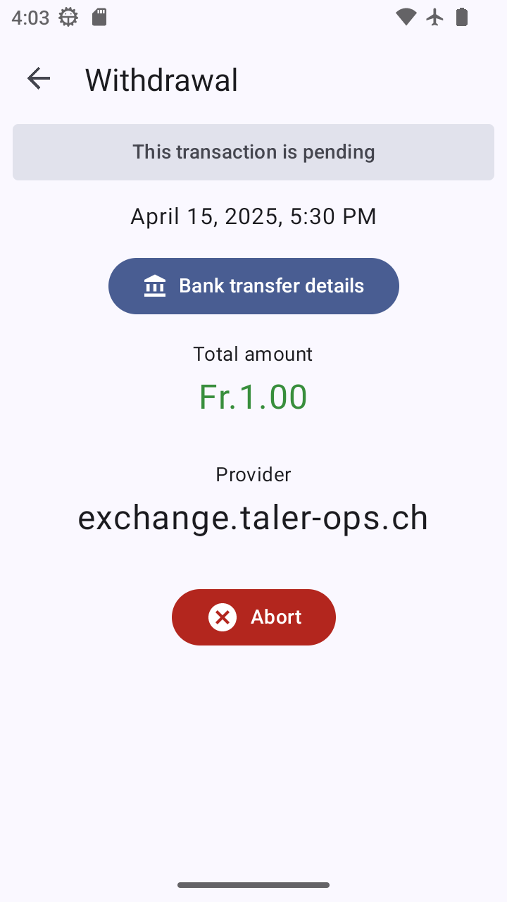 Die Wallet-App zeigt den Abhebestatus an