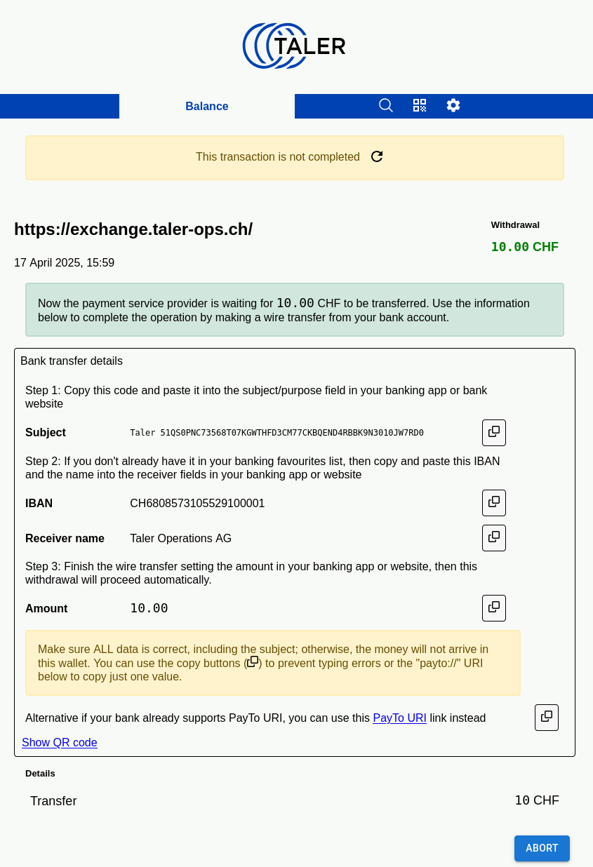 Die Wallet-App zeigt den Abhebestatus an